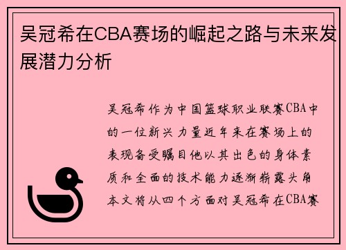 吴冠希在CBA赛场的崛起之路与未来发展潜力分析